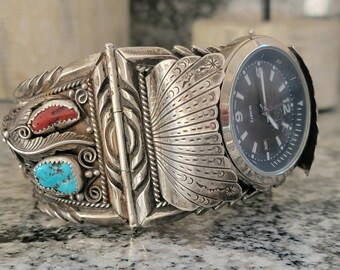 Sterling Watch Bracelet, Elaborate Vintage Navajo Bear Claws