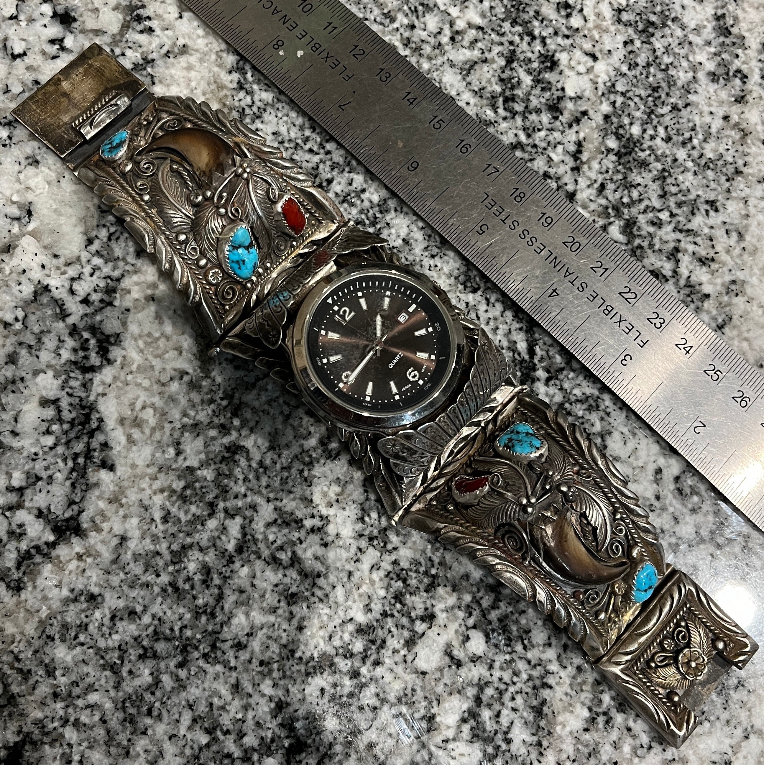 Sterling Watch Bracelet, Elaborate Vintage Navajo Bear Claws