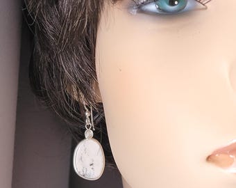 White Buffalo Turquoise Earrings, Sterling Silver 925 Handmade Artist White Statement Turquoise, Small Fashion Silver Dangles