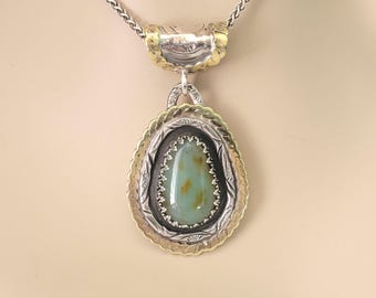 Peruvian Opal Necklace, 925 Sterling Silver and Gold Opal Handmade Artist Statement, Natural Andean Artist Inspired Green Stone