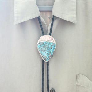 Natural Turquoise Bolo, Sterling Silver Stone Bolo Tie, Braided Leather Cord Western Necklace, Lariat, Handmade Bolo Tie Gift for Boyfriend