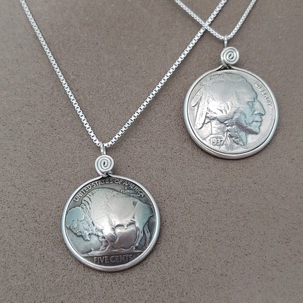 Buffalo Head Nickel Necklace, Sterling Silver Artist Detail, Old Western Coin Jewelry, Real Coin Necklace, Original USA coins, Gift for her