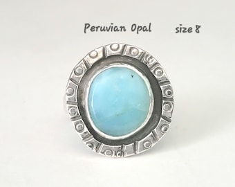 Peruvian Opal Ring, Sterling Silver Size 8 Statement Gemstone, Artist Handmade Blue Opal