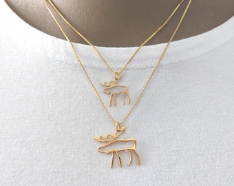 Moose Necklace, Dainty Charm Necklace, Sterling Silver or Gold, 2 Sizes Ready to ship, Moose Pendant, Cute Deer Pendant, Moose Gift for her