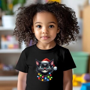 Camiseta con luces navideñas de gato negro, camiseta de transferencia de calor, camiseta para hombre, mujer, para él, para ella