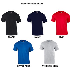 Pu&ograve; includere: Tabella colori che mostra cinque diversi colori di canottiera: nero, blu navy, rosso, blu reale e grigio sportivo.