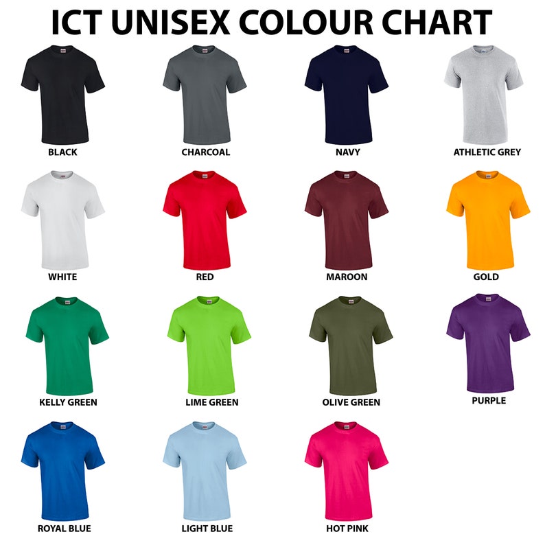 Puede incluir: Carta de colores que muestra 15 colores diferentes de camisetas, incluyendo negro, blanco, rojo, azul marino, granate, dorado, verde kelly, verde lima, verde oliva, morado, azul real, azul claro y rosa fuerte.