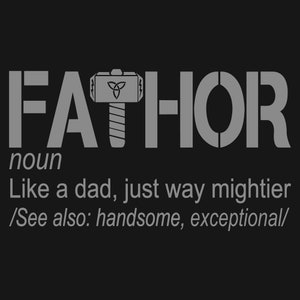 Pu&ograve; includere: Un design grafico grigio con la parola "FATHHOR" in grandi lettere. La parola "nome" &egrave; sotto la parola "FATHHOR". Il testo "Come un padre, solo molto pi&ugrave; potente" &egrave; sotto la parola "nome". Il testo "/Vedi anche: bello, eccezionale/" &egrave; sotto il testo "Come un padre, solo molto pi&ugrave; potente". Un martello grigio con un fulmine e un simbolo di triskel &egrave; al centro della parola "FATHHOR".