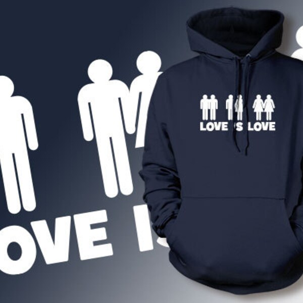 Love Is Love Screen Printed Hoodie Hooded Sweatshirt Mens Womens Ladies  Marriage Family LGBT Gay Straight Lesbian Bi Trans