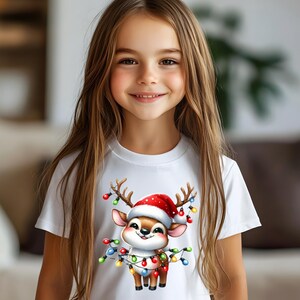 Camiseta de dibujos animados de luces navideñas de reno navideño, camiseta de transferencia de calor, camiseta, camiseta para hombre, mujer, para él, para ella