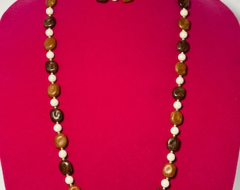Vintage Handcrafted Wood & Faux Pearl Beaded Necklace