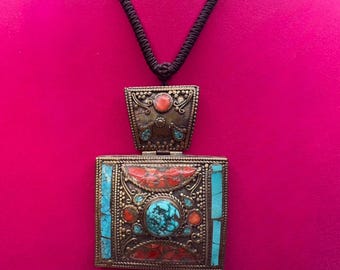Brass Tibetan Prayer Box Necklace w/Turquoise & Coral