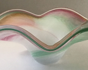 Vintage Murano Glass Bowl: Pastel Pink & Green Swirls