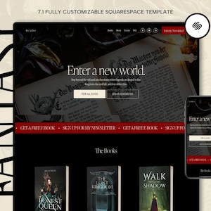 Könnte beinhalten: Eine Website-Vorlage mit Fantasy-Thema. Das Design zeigt einen dunklen Hintergrund mit dem Wort "FANTASY" in großen Buchstaben. Die Website enthält Buchcover und den Text "Enter a new world."
