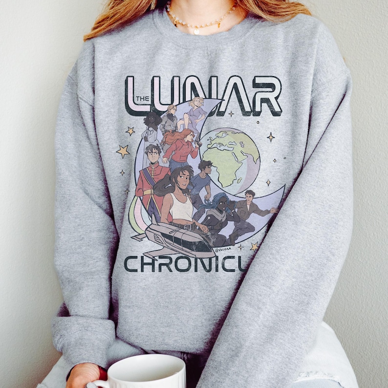 The Lunar Chronicles Sweatshirt: Bookish Crewneck, Distressed Illustration Sport Grey