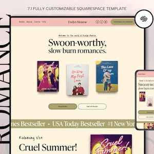May include: A website design showcasing romance novels. The design features book covers, the text "Swoon-worthy, slow burn romances," and a mobile phone mockup. The website includes the text "Cruel Summer!" and "He Was My First Love."