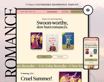 May include: A website design showcasing romance novels. The design features book covers, the text "Swoon-worthy, slow burn romances," and a mobile phone mockup. The website includes the text "Cruel Summer!" and "He Was My First Love."