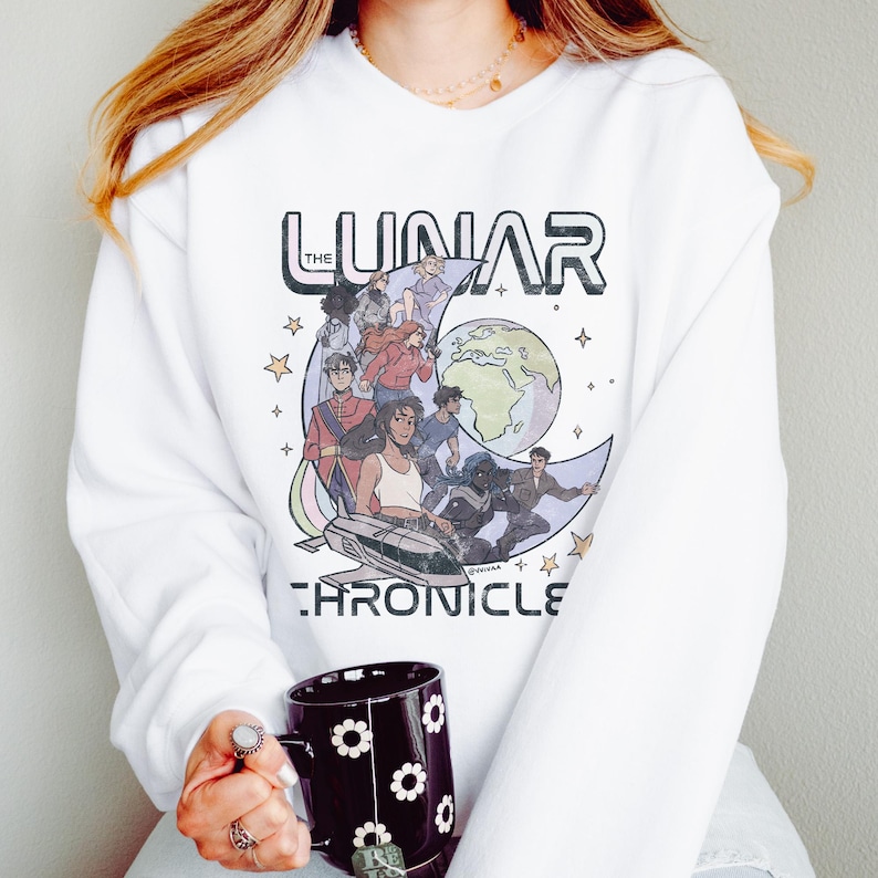 The Lunar Chronicles Sweatshirt: Bookish Crewneck, Distressed Illustration White