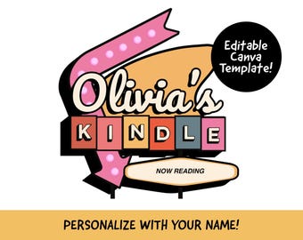 Op de afbeelding: Een aanpasbare Canva-sjabloon voor een retro-stijl bord met de tekst "Olivia's Kindle" in een roze en oranje kleurenschema. Het bord heeft een "Nu lezen"-banner en is perfect voor een leeshoek van een boekenliefhebber.