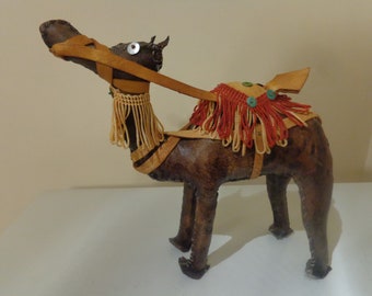 Vintage 1960's Awesome Leather Camel Figurine, Hand Stitched And Stuffed With Fringe Trim & Leather Accents-Vintage Leather Camel-Boho Decor
