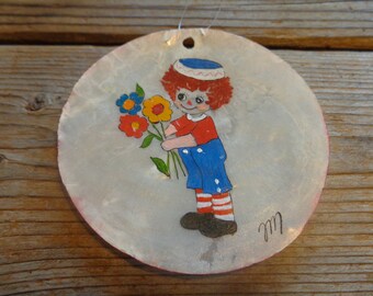 Vintage Raggedy Andy Christmas Ornament, Hand Painted On Capiz Shell, 1970's -Raggedy Andy Ornaments -Raggedy Andy Christmas -Shell Ornament