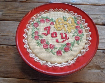 Vintage Christmas Hand Embroidered "Joy" Cross Stitch Round Cookie Tin, 1970's - Vintage Christmas Tin - Vintage Cookie Tin- Holiday Tin