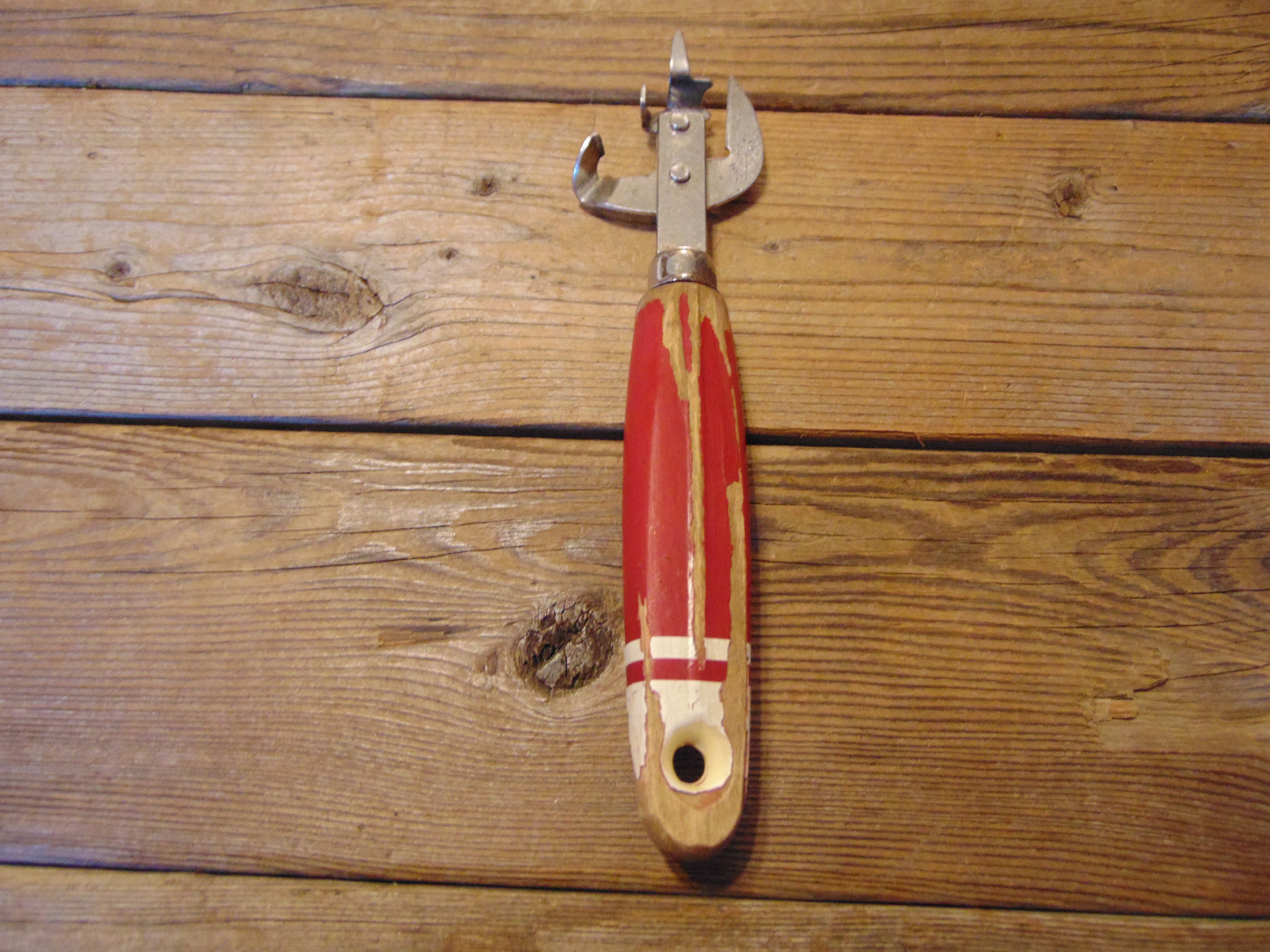 vintage mid century wood handled can opener