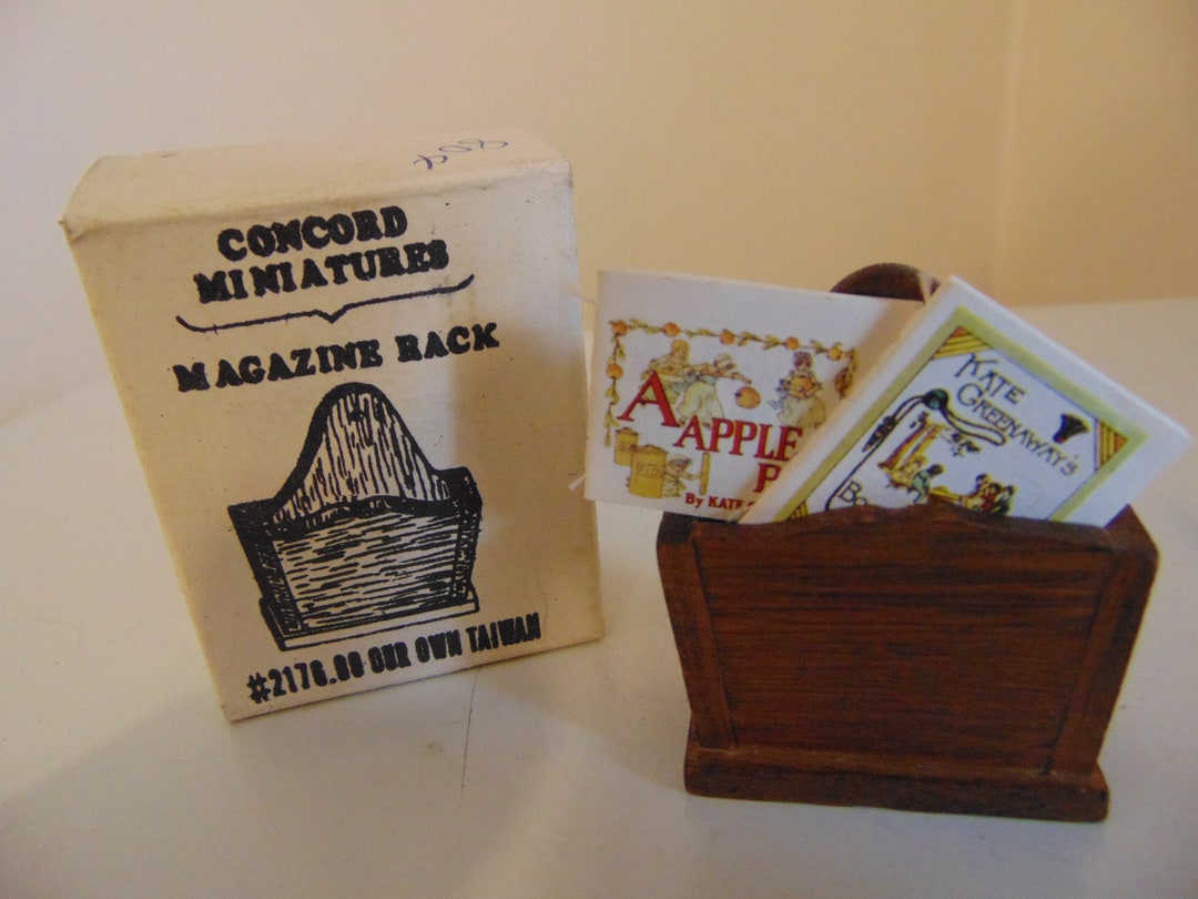Vintage "concord Miniatures" Wooden Magazine Rack With 2 Books, Kate
