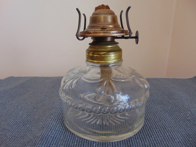 Antique 1930's Decorative Eagle Molded Glass Oil Lamp With Original Brass Collar & Chimney Holder And Wick, Made In U.S.A.,Eagle Oil Lamp image 1