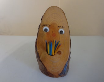 Vintage Wooden Tree Stump Toothpick Holder With Eyes & Mouth To Hold Toothpicks, 1960's - Wood Toothpick Holder - Kitschy Toothpick Holder