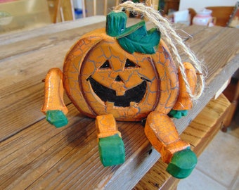 Vintage Wooden Shelf Sitter Smiling Pumpkin, Jack-O-Lantern - Wooden Halloween Pumpkin - Halloween Decoration - Jack-O-Lantern Shelf Sitter