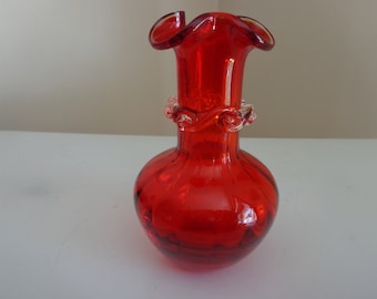 Vintage Ruffle Top Amberina Blenko Red Glass Vase,Hand Blown,1960's -Amberina Glass Vase -Blenko Glass Vase -Red Glass Vase -Ruffle Top Vase