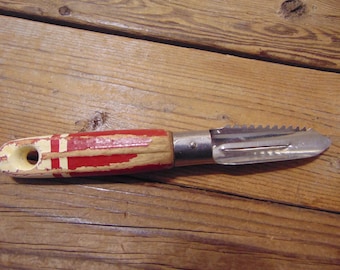 Vintage 1940's "A& J" Stainless Steel Apple Corer And Peeler,  Solid Wood Red And Cream Chippy Painted Handle- 1940's Apple Corer-Farmhouse