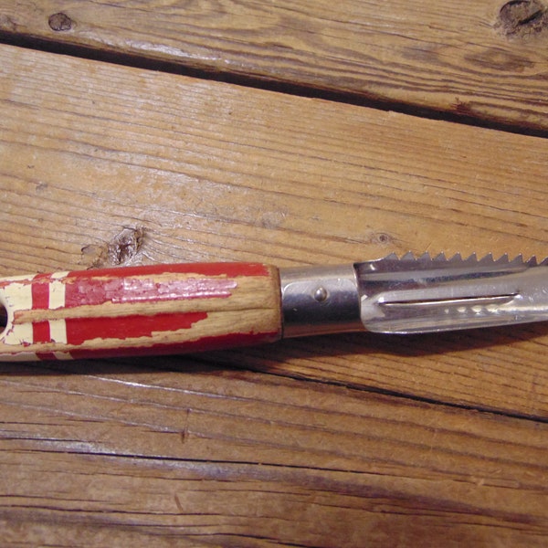 Vintage 1940's "A& J" Stainless Steel Apple Corer And Peeler,  Solid Wood Red And Cream Chippy Painted Handle- 1940's Apple Corer-Farmhouse