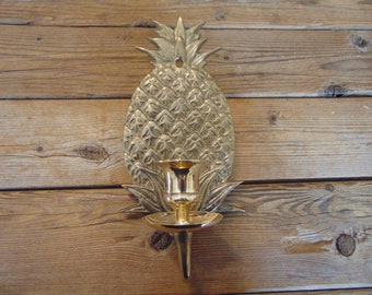 Vintage Solid Brass Decorative Pineapple Wall Sconce With Taper Candleholder,1970's-Brass Pineapple Candleholder-Brass Pineapple Wall Sconce
