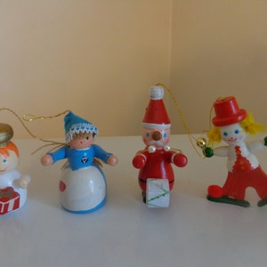 Vintage 1960's Wooden Christmas Ornaments, Hand Painted, 4 Piece Set -Vintage Xmas Ornaments -Wood Ornaments -Clown Ornament -Santa Ornament