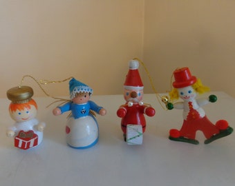 Vintage 1960's Wooden Christmas Ornaments, Hand Painted, 4 Piece Set -Vintage Xmas Ornaments -Wood Ornaments -Clown Ornament -Santa Ornament