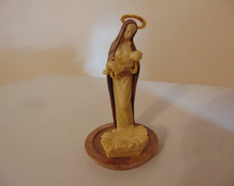 Vintage Blessed Mother With Baby Jesus Nativity Scene Figurine, Gold Metal Halo,Made In Italy, 1980's -Virgin Mary & Baby Jesus Manger Scene