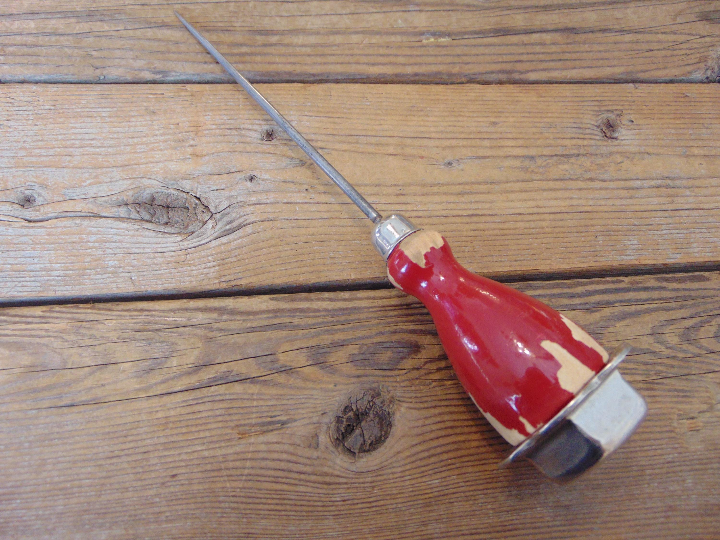Antique 1940's Steel Ice Pick With Red Chippy Painted Solid Wooden