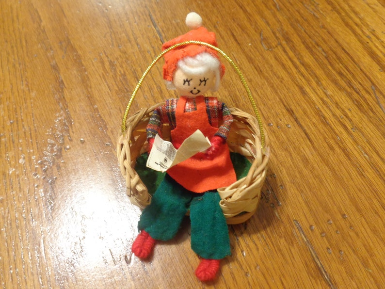 Spun Cotton Head Elf Ornaments Vintage Elf Vintage Christmas Ornaments Vintage Elf Sitting In A Basket Christmas Ornament 1970/'s