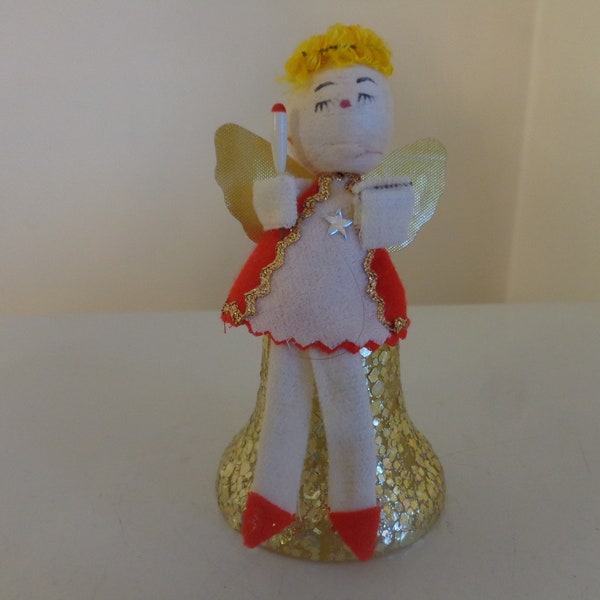 Vintage 1950's Spun Cotton Angel Sitting On A Gold Bell Christmas Ornament - Spun Cotton Angel - Angel Ornaments -1950's Christmas Ornaments