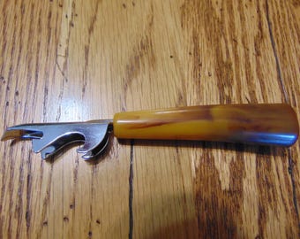 Vintage &quot;Trav-L-Bar&quot; Style Can & Bottle Opener With Caramel Swirl Bakelite Handle,1960&#39;s-Bakelite Can Opener-1960&#39;s Barware Bakelite Barware