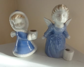 Vintage "Colonial Candle" Angel Figurines With Candle Holders, Porcelain, Blue & White, Made In Japan, 1970's -  Angel Candle Holders