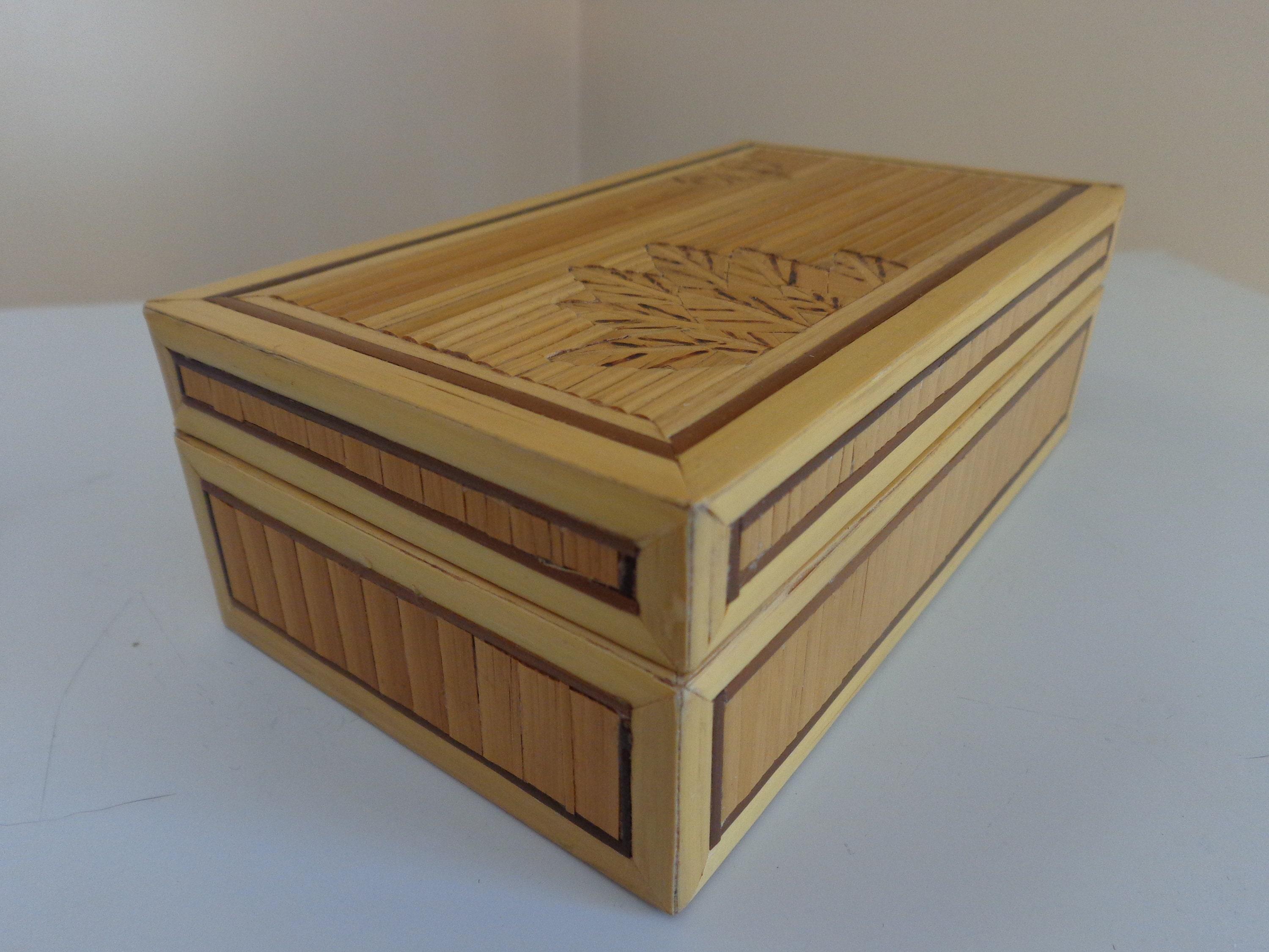 Vintage Bamboo Wood Box With Inlaid Leaf Designs & Brown Etsy