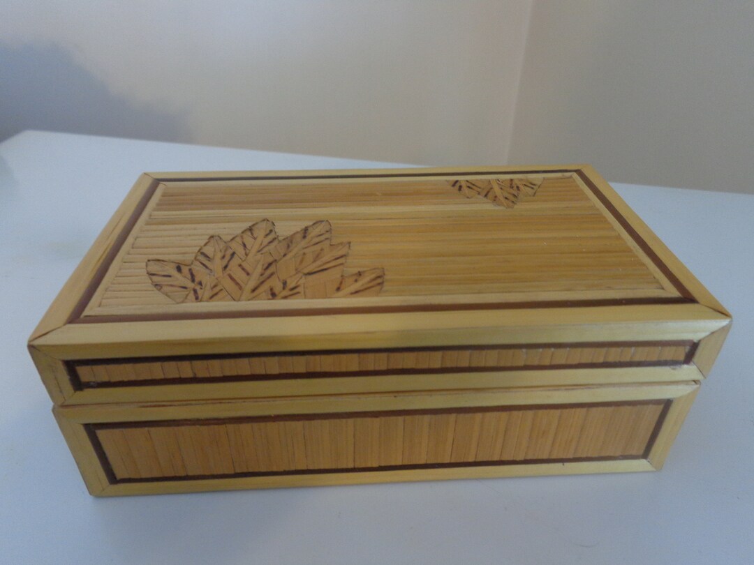 Vintage Bamboo Wood Box With Inlaid Leaf Designs & Brown Velvet