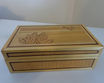 Vintage Bamboo Wood Box With Inlaid Leaf Designs & Brown Velvet Interior, 1970's -Bamboo Jewelry Box -Vintage Bamboo Box -Bamboo Trinket Box