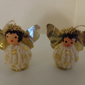 Vintage 1950's Angel Ornaments, Wooden Heads And Yarn Bodies, Gold & Red Foil Wings, Star And Tinsel Accents,Set Of 2 - Angel Xmas Ornaments