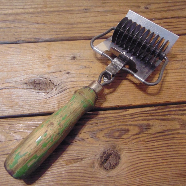 Antique 1940's Stainless Steel Pasta/Dough Slicer, Cutter, Wooden Handle With Green Chippy Paint - 1940's Dough Slicer - Farmhouse Kitchen