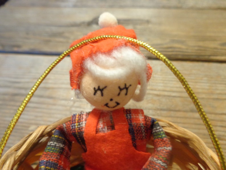 Spun Cotton Head Elf Ornaments Vintage Elf Vintage Christmas Ornaments Vintage Elf Sitting In A Basket Christmas Ornament 1970/'s
