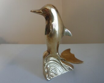 Vintage Solid Brass Dolphin On A Wave Statue, Made In India, 1970's -Brass Dolphin Figurine -Brass Dolphin -Brass Home Decor -Dolphin Statue